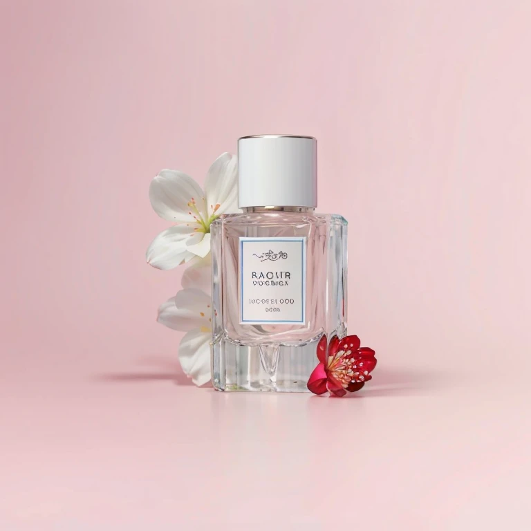 BEST QUALITY, 4K, 8K, HIGH RESOLUTION, MASTERPIECE, ULTRA-DETAILED, PHOTOREALISTIC, BLENDER, MAKEUP BOTTLE, CHERRY BLOSSOM WRAPPED AROUND, BLUE SKY BACKGROUND, WATER, SUNLIGHT, LOW PERSPECTIVE, PRODUCT RENDERING