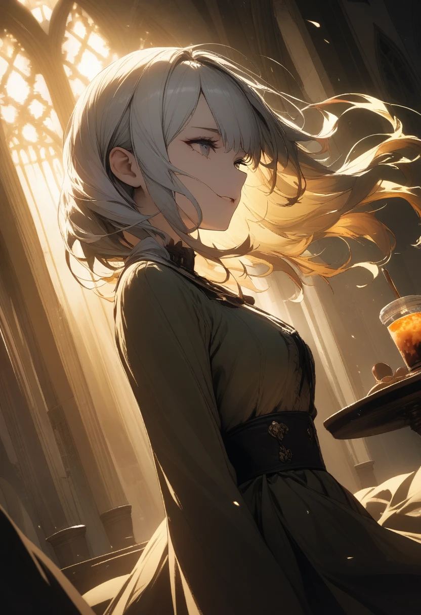 A girl, ((Chopin))、(blond hair color,Bright silver hair color), Beautiful hair, Face profile, remember, Coffee Shop, Sunlight、splash, lens flare,, natural color, high resolution, Very subtle, Very detailed, 8K,（Breast swelling、About B cup）、shy,((sex)),((sex感的感觉))、sit、Angle of view from below，Holding the golden staff, Church Background, Textured Skin, Ultra HD, Ultra HD, Ultra HD, Ultra HD, The award-winning, High Detail, Incredible high-key lighting and shadows, masterpiece, Incredible illustration witch, Magical atmosphere, Hair blowing in the wind, Colorful magic spells shone in the air, Rotating portal, Dark Magic, (Style Swirl Magic:0.8), Floating particles, Dark sinister forest background, Updraft, Backlight