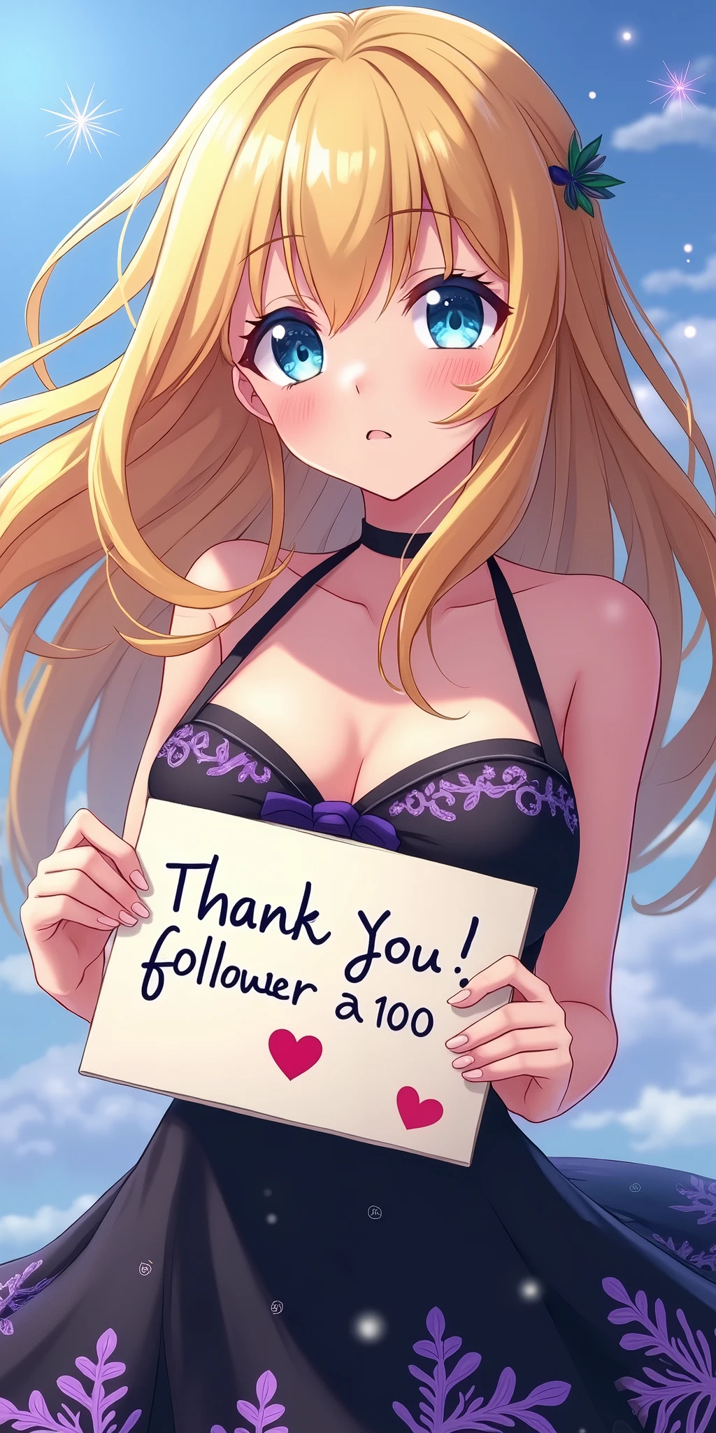 (best quality, ultra-detailed, photorealistic: 1.39), bright and vibrant colors, studio lighting, thank you card for 100 followers, hearts and kisses emoji, Yu-Gi-Oh style letter, purple details on the sides of the card, anime style, Anime, Cute girl with big round breasts, with sparkling blue eyes, she wears a black dress with snowflakes on the dress, her wavy blonde hair with beautiful bangs meets with the blowing wind, she holds a sign written a message of thanks