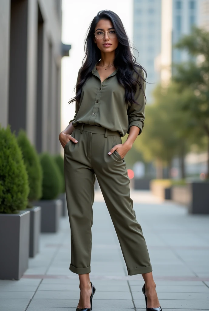 Brunette woman straight black hair, splattered nose, wide hip, medium breasts, wide hip, dressed in a casual, elegant way, trousers and a shirt, with high-heels, Full body image of 25-30 year old, standing up 
