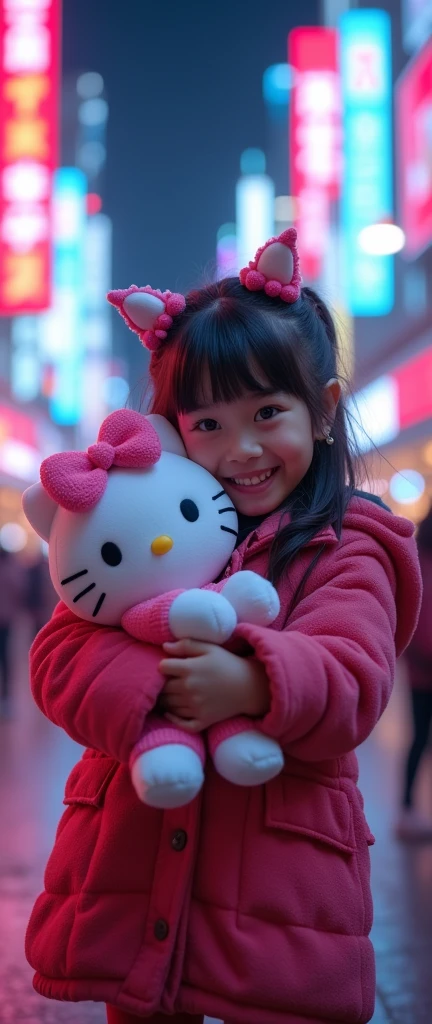 Best Quality, 4k wallpaper, masterpiece, Extremely detailed CG unity 8k wallpaper, Extremely detailed eyes, ultra detailed, intricate details, 
1 girl, Science fiction, (h1c4tt3ch mecha, hugging Hello kitty doll, cyberpunk, happy neon city, smile, Hello kitty, adorable, Beautiful, dynamic pose