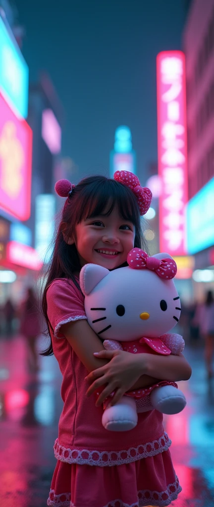 Best Quality, 4k wallpaper, masterpiece, Extremely detailed CG unity 8k wallpaper, Extremely detailed eyes, ultra detailed, intricate details, 
1 girl, Science fiction, (h1c4tt3ch mecha, hugging Hello kitty doll, cyberpunk, happy neon city, smile, Hello kitty, adorable, Beautiful, dynamic pose
