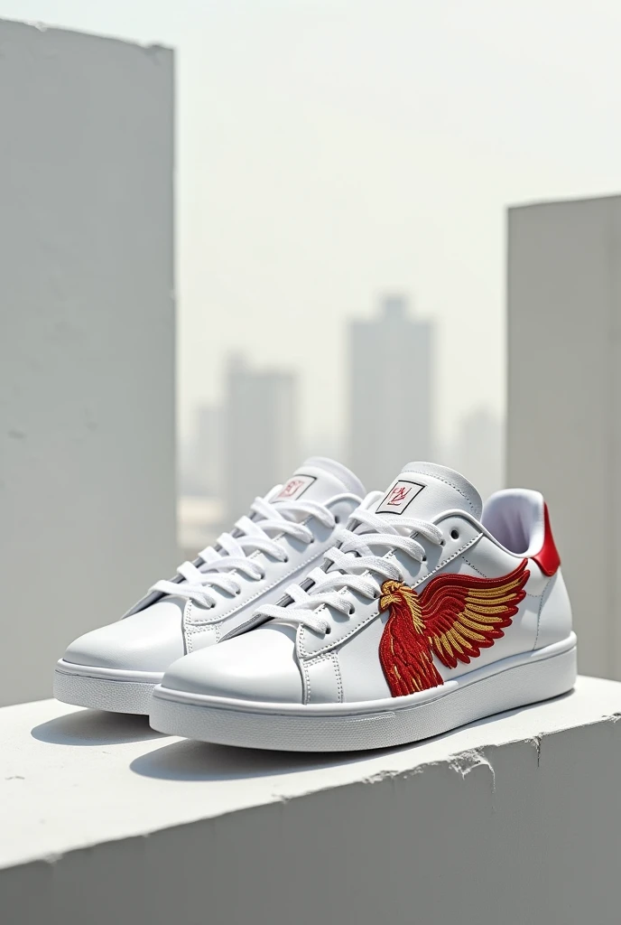 Create a casual tennis shoe all white with the logo being a phoenix 