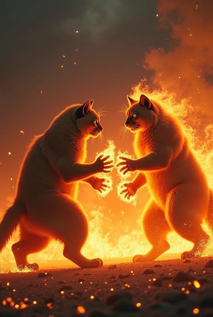 2 big muscular cat stand in a ring with fire hands