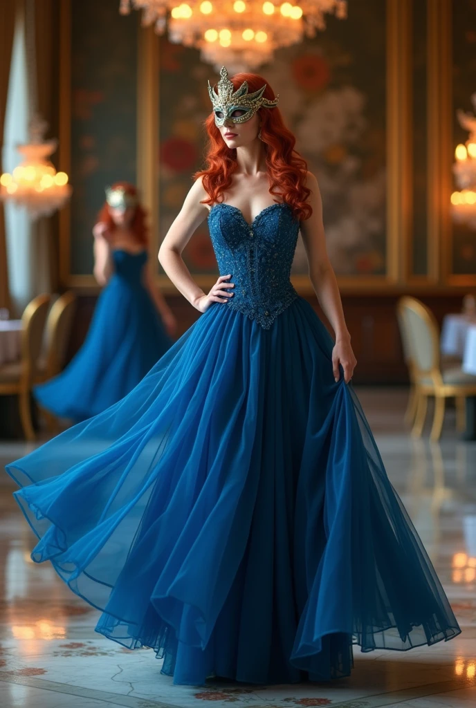 Redhead woman in long blue dress and mask, fully body ,three positions