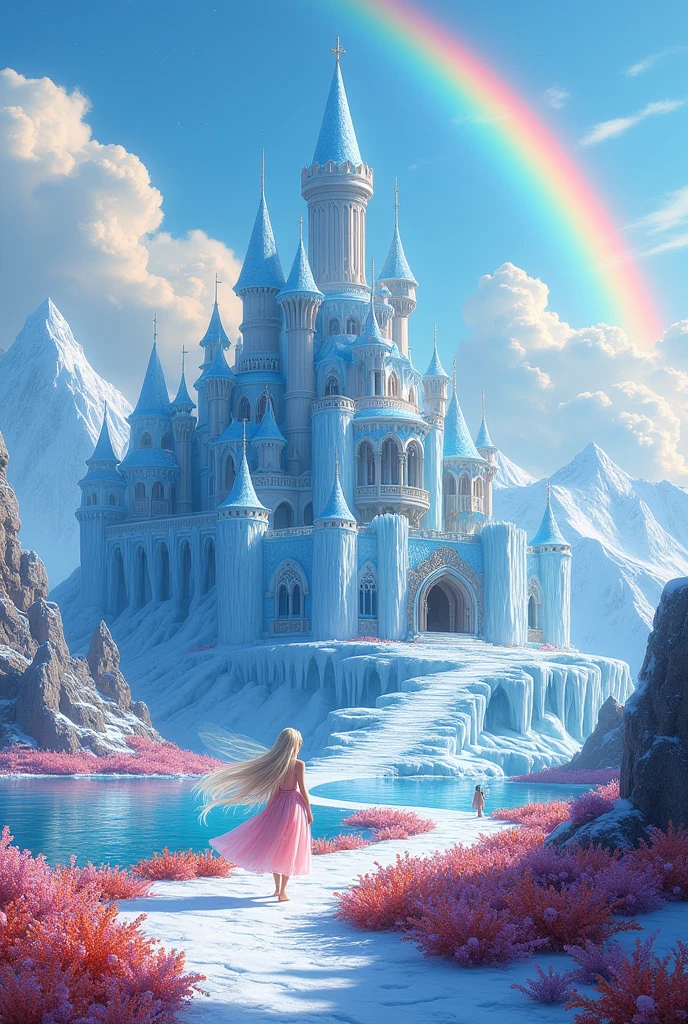 There is a castle in the ice land surrounded by ice mountains, the castle is beautifully decorated,in front of the castle there are flower garden between the garders there is a road of flower leads to the castle,the sky is clear with white clouds and a rainbow, a young adult fairy is standing wearing a light pink dress with pure diamond colour long hair, focus the castle, picture is taken from the front