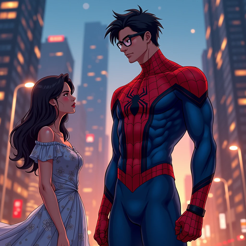 anime art: marvel art style, a masculine 20-year-old male with a big bulge with dark fadeout hair and glasses, wearing spider superhero outfit , he's standing tall before a sad female lesbian couple wearing floral dress. She's facing his bulge