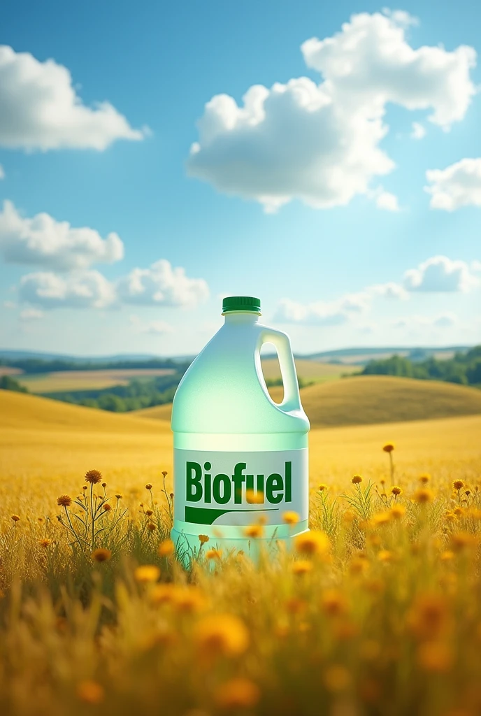 Give me an image where you put a field with a gallon that says biofuel
