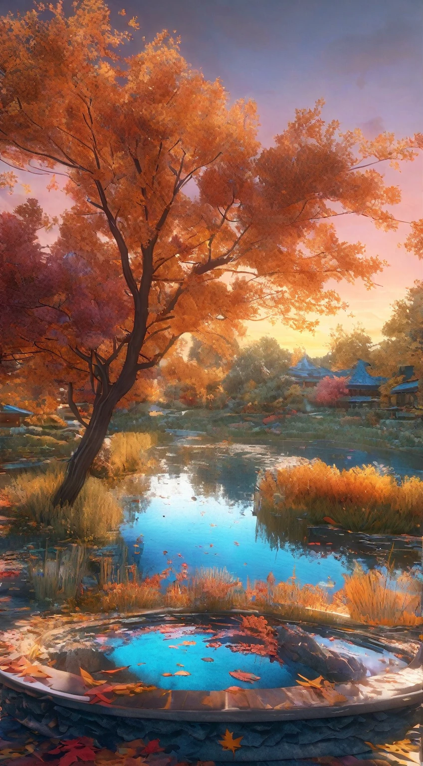 DIY16，best quality, Ultra HD, masterpieces, 8K, Practical, Anime style, 3D Rendering，(Pond in the evening:1.2), (8K, best quality, masterpiece:1.2), (Ultra-high resolution:1.0), Extremely bright design, Soft colors, (ink:1.3), Autumn Lights, High Detail, dramatic, photoPractical painting art
