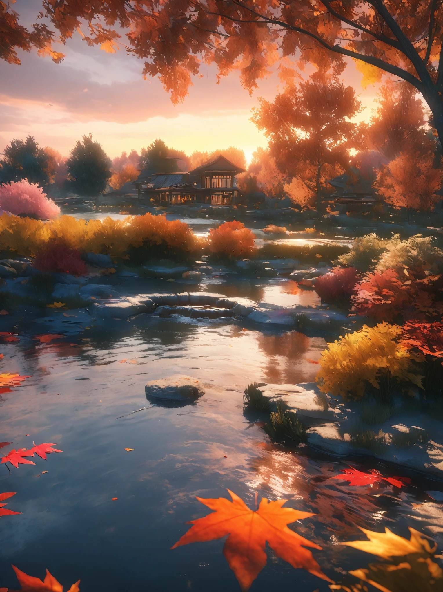 DIY16，best quality, Ultra HD, masterpieces, 8K, Practical, Anime style, 3D Rendering，(Pond in the evening:1.2), (8K, best quality, masterpiece:1.2), (Ultra-high resolution:1.0), Extremely bright design, Soft colors, (ink:1.3), Autumn Lights, High Detail, dramatic, photoPractical painting art
