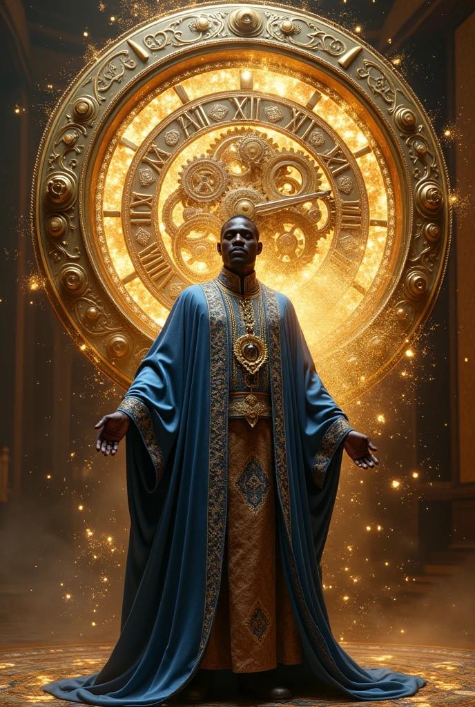 African male in Royal garment with time
manipulation powers. Rewinding time with a giant clock