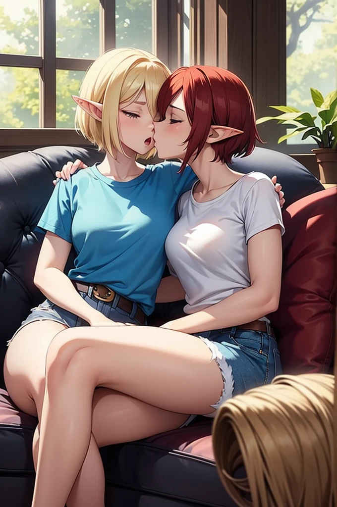 two female elves, one with short red hair, curvy build, white tight tee shirt, blue denim shorts, black heels, other elf with short blonde hair, slim build, white tight tee shirt, blue denim shorts, black heels, cuddling close on sofa, kissing, one sitting on others lap with legs wrapped around their waist, both eyes closed