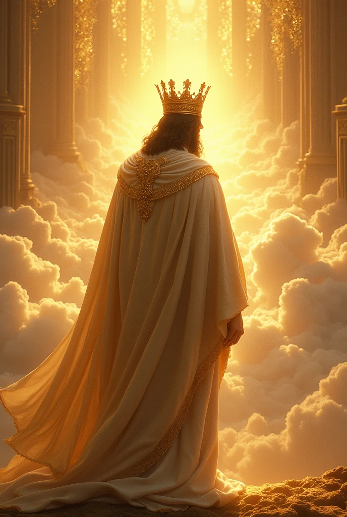 Jesus turned with his back with a large crown of glory and shining with a surreal glow , with a mantle of glory of pure velvet with the kingdom of heaven in glorious and transparent gold