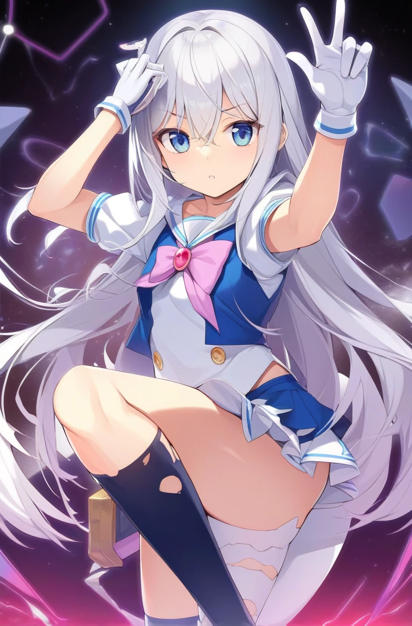 Silver Hair Magical girl Tattered Long Hair Blue eyes mini skirt High Knee Socks young