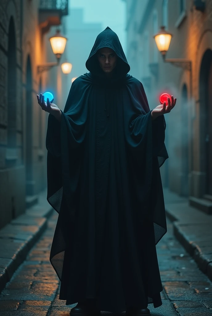 Create a character with a mysterious air holding a blue pill in his right hand and a red pill in his left hand he has to have his arms stretched out 