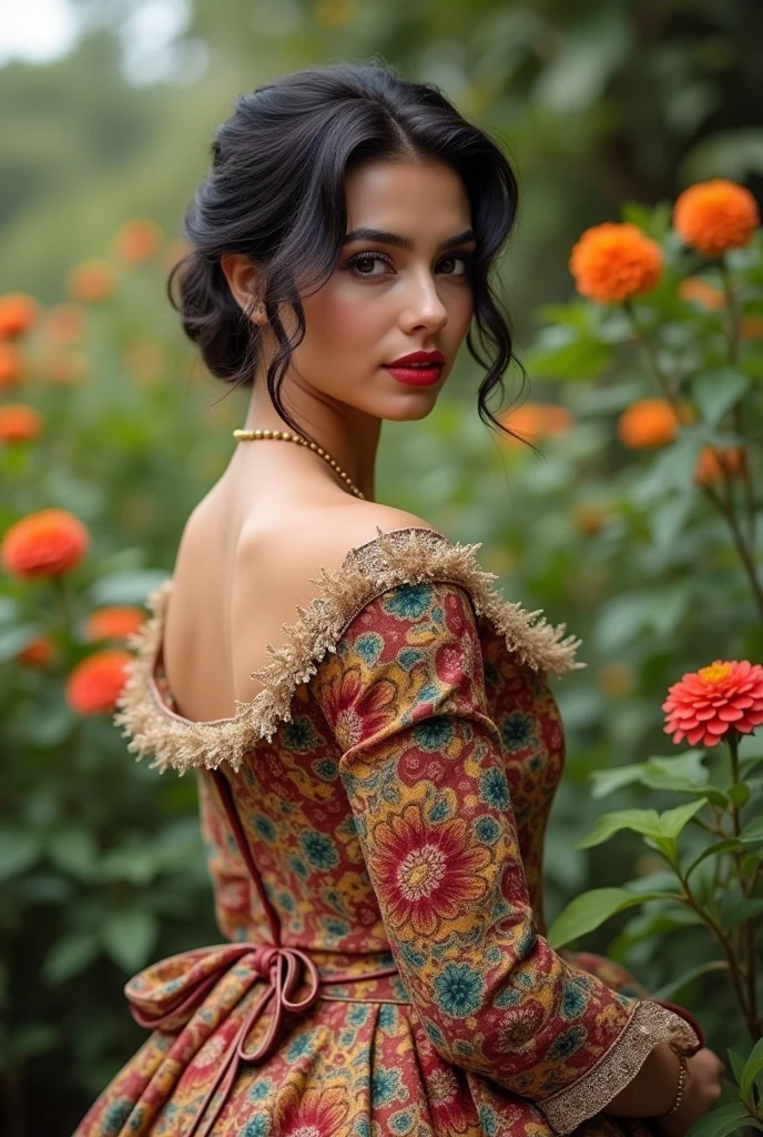 Beautiful latina woman perfect body short brunette hair, dressed in elegant victorian era 19th century American colorful conservative formal studio lighting, beautiful outdoor paradise background