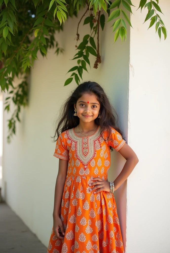 A cute 20 years old indian girl , photoshoot, rough dry face skin , sexy and hot , indian kurta dress , full body view , white wall background with green plants 