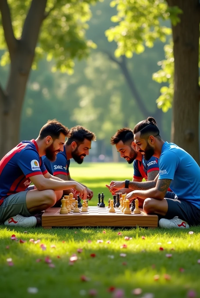 Messi Neymar Kohli playing chess (realistic)