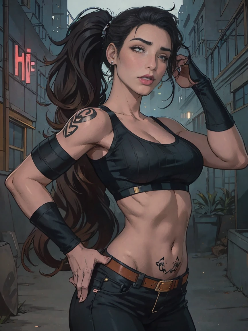 Extremely busty thin and toned brunette death metal girl, strung out, sleepy, stoned, fair skin, big hair, huge ponytail, hair pulled back, soft face, athletic, heavy makeup, piercings, tank top, crop top, studs, black pants, boots, fingerless gloves. black butterfly tattoos. standing in a dark alley at night. Outdoors, exterior, Nighttime. neon lights. (detailed background.) Sly, Seductive, large breasts.