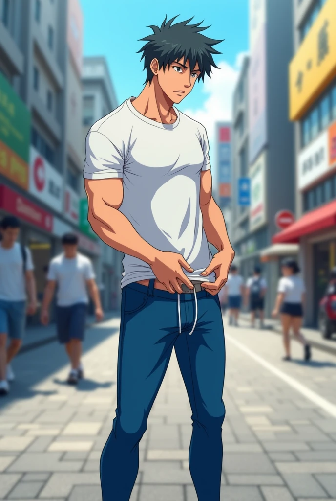 In the morning city, a slender and mascular young man in his blue pants is peeing himself. He couldn't hold his pee. He is holding his crotch to stop peeing but his pee is leaking out from his pants, and it is making a pee puddle at his feet. white t-shirt, his pants around his crotch gets wet because of his pee. Pee stain. He looks embarrassed. Anime