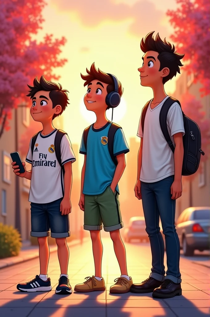 LnF desenho com estilo da Disney Pixar. three friends, all men, black, teenagers. LnF, the lowest, veste uma white  shirt do Real Madrid, black denim shorts and black shoes with cell phone in hand, he has very short hair. lain, the tallest of the three, wear a blue shirt, green shorts and slippers, headphones and short black hair. The last, is the intermediate of heights, wear more formal clothes, white  shirt, jeans and black shoes, backpack on the back and gradient hair. They are all looking forward