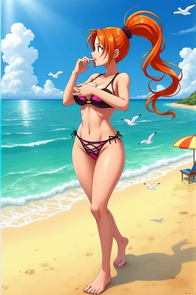 Nami from one piece , hair long, ponytail, big boobs, in bra
