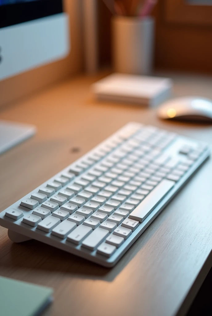 Create a realistic image of a white office keyboard in an isometric view.