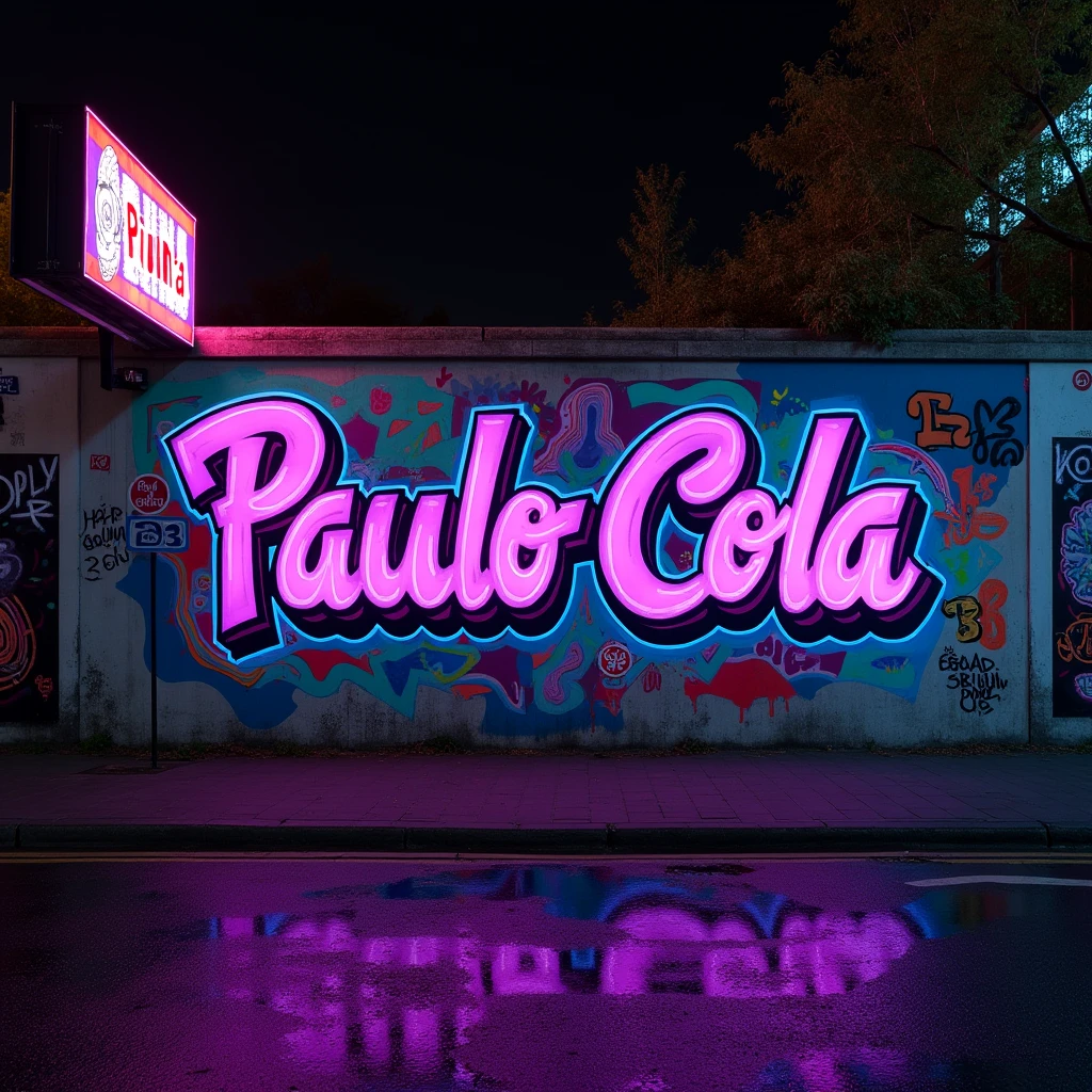Create an image with the name “Paulo Cola” AND the number “23” draw on a wall, AND draw a sign for a city called “Piuma”. Graffiti style. Fluorescent colors, with purple as the main color theme.