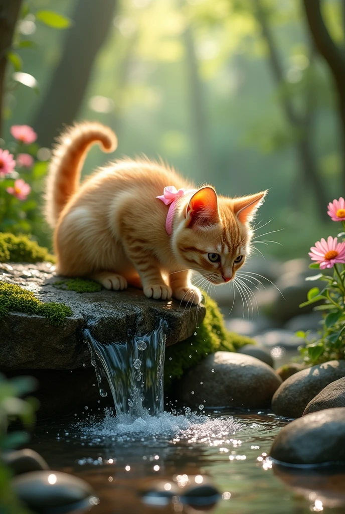 Little golden cat, wearing a ribbon, drinking from a waterfall