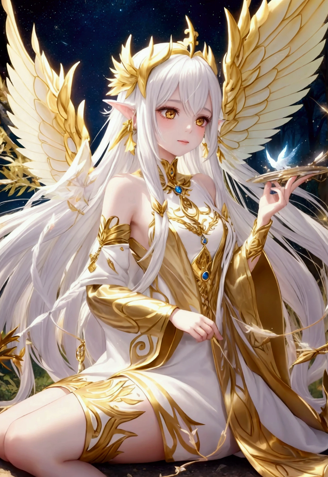 Fairy girl, long white hair, gold facial tribal marks, white tribal clothes, golden jewelry, fairy wings, sparkling wings, (dusk) lush forest, flying, golden sparkles coming from wings, fantasy, enchanting, whimsical.