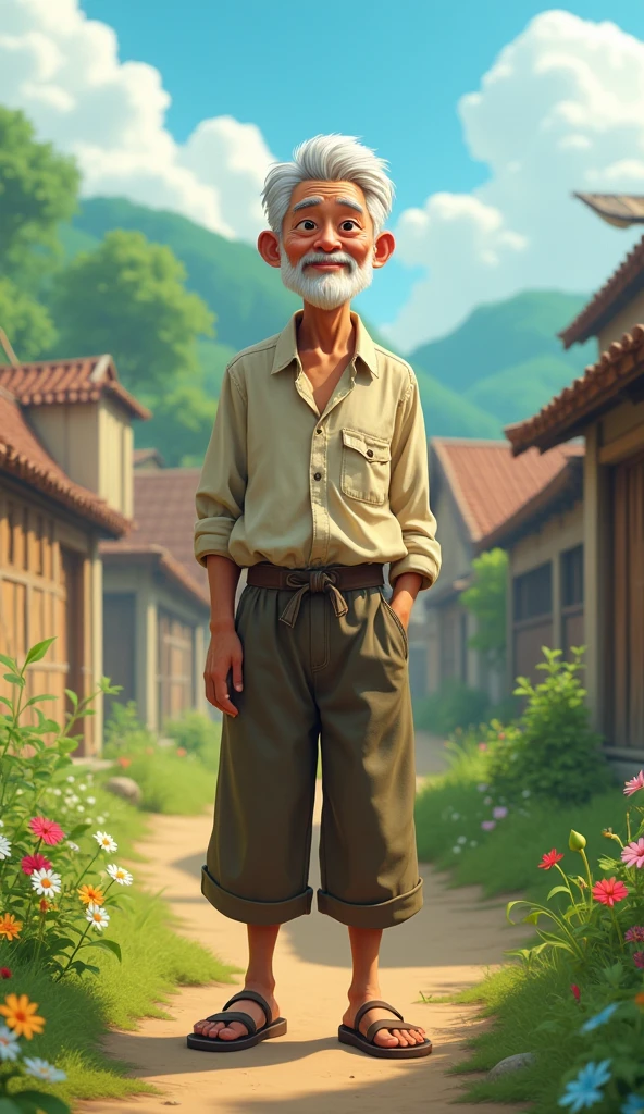 Mr. Tu is an old man., skinny, silver hair, tanned skin. He often wears simple clothes like old shirts., long pants and sandals. He has a gentle face, smile beard. Everyone in the village loves the 3D animator.