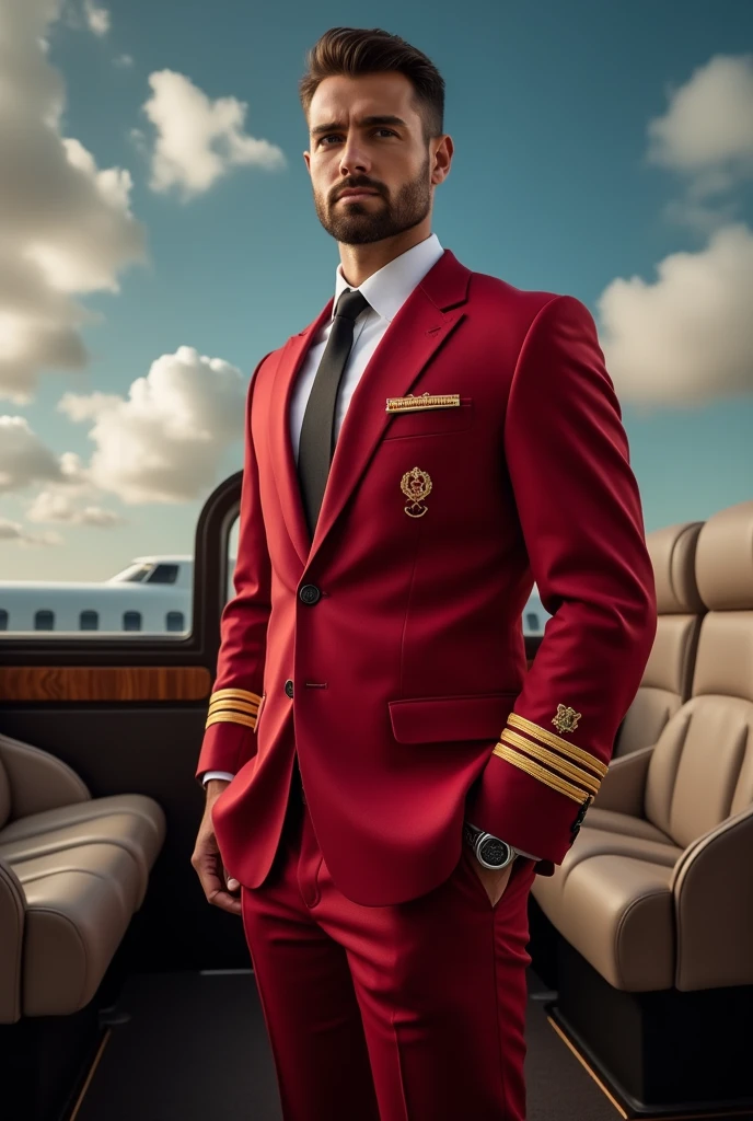 Create an image of a business-style airplane pilot with his red outfit