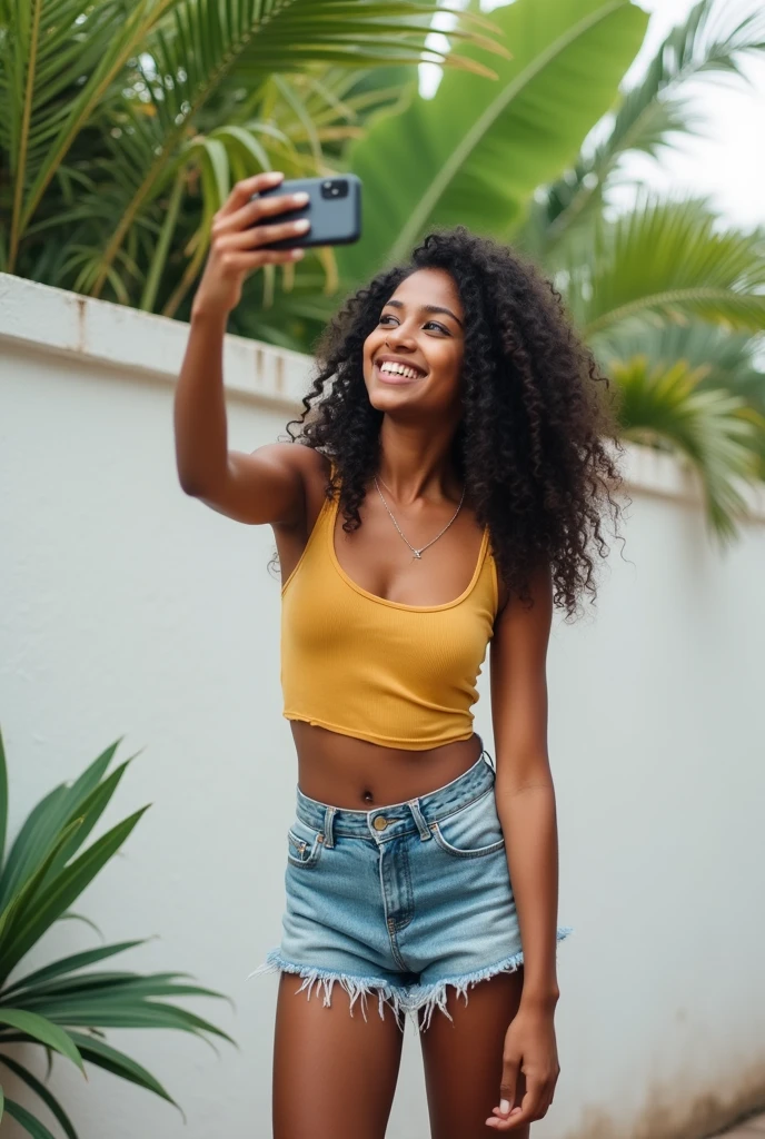 A cute 20 years old indian girl , taking selfie , rough dry face skin , sexy and hot , in shorts , , full body view , white wall background with green plants