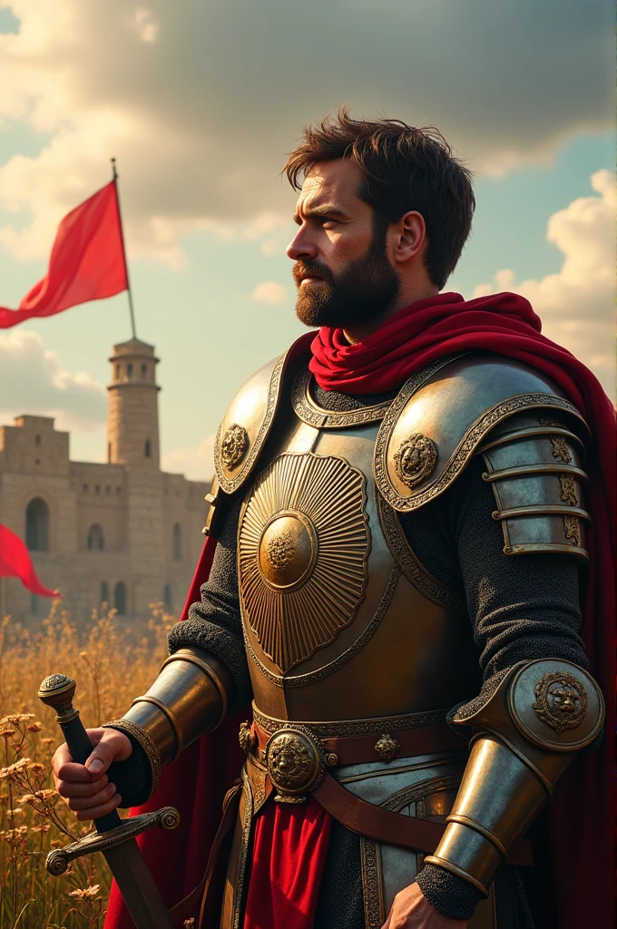 Medieval soldier with emblems of the sun and a dragon