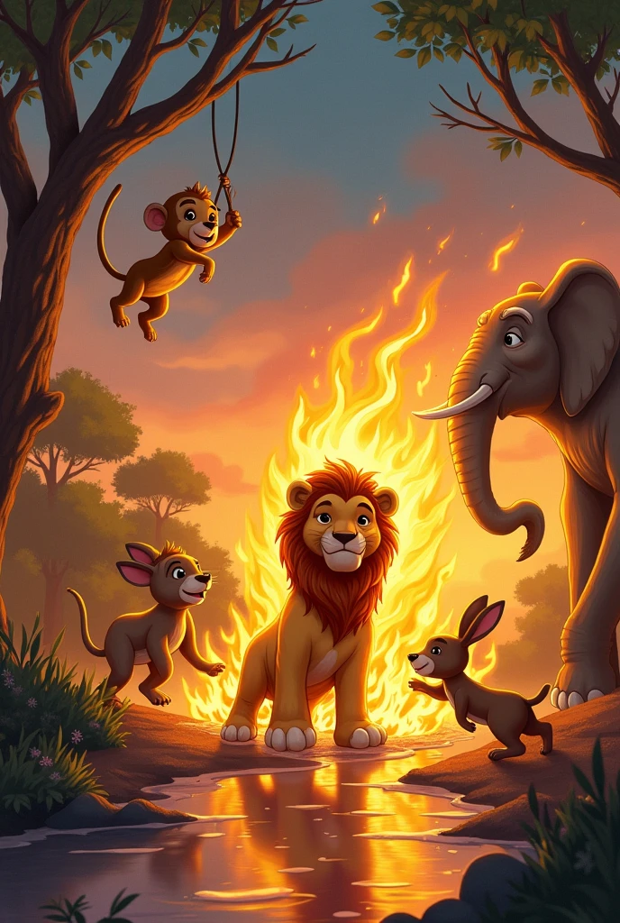 Animal friends helping little lion out of the Fire that is surrounding him