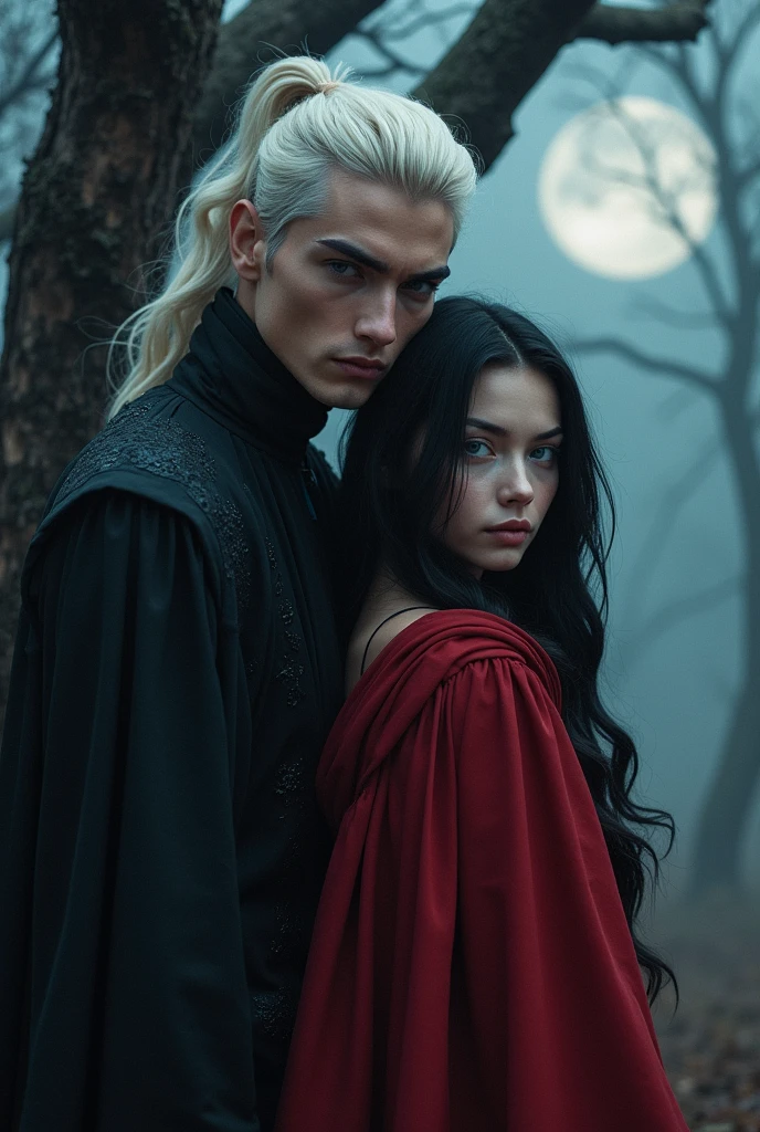 Make a character similar to Little Red Riding Hood, black hair, pale and blue eyes. She is with a handsome man, Cao Cao, tanned and platinum haired. Do it in Dark Fantasy style.