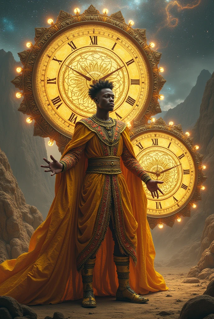 African male in Royal garment with time
manipulation powers. Rewinding time with two giant clock