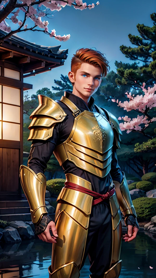 /imagine prompt: A stunning digital illustration of a young twink man in light orange armor with dark brown accents, the armor sleek and covering his entire body. He has flawless, youthful features, with striking orange eyes and short undercut orange hair. He is holding two katanas, one in each hand, displaying them with a confident stance. The background is a serene Japanese garden at twilight, with cherry blossoms gently falling, creating a soft contrast with the sharpness of the swords. The scene is lit with warm, golden light, enhancing the warmth of his orange armor and the elegance of his pose. Created Using: anime-inspired art style, detailed armor design, dynamic posing, Japanese garden setting, soft lighting, warm color palette, intricate sword detailing, high-resolution quality --ar 9:16 --v 6.0