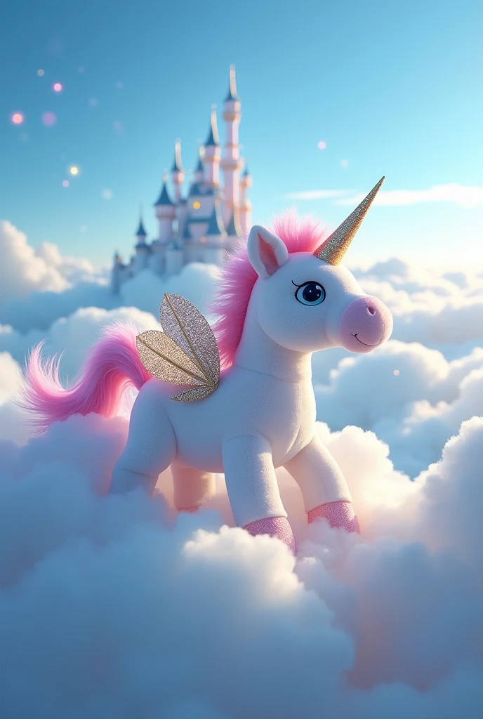 a stuffed unicorn neighing with wings and flying through the sky with lots of light, white clouds and in the background an enchanted castle that stands out with light