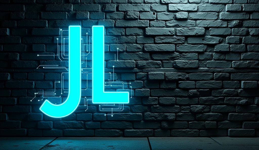 Create an image of a brick wall with gaming and technological style neon lighting that highlights the letters in a corner in the upper left corner JL 