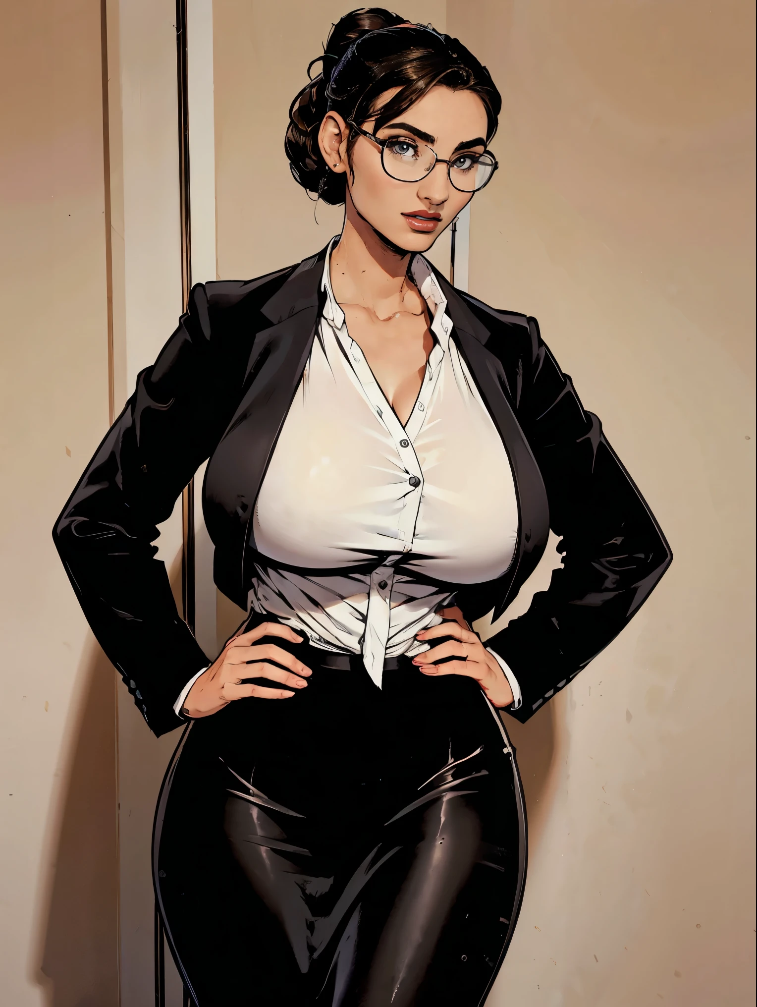 Gorgeous and sultry busty athletic (thin) brunette with sharp facial features and a (large nose) and (huge boobs) wearing a black blazer, white blouse and black pencil skirt, glasses, updo