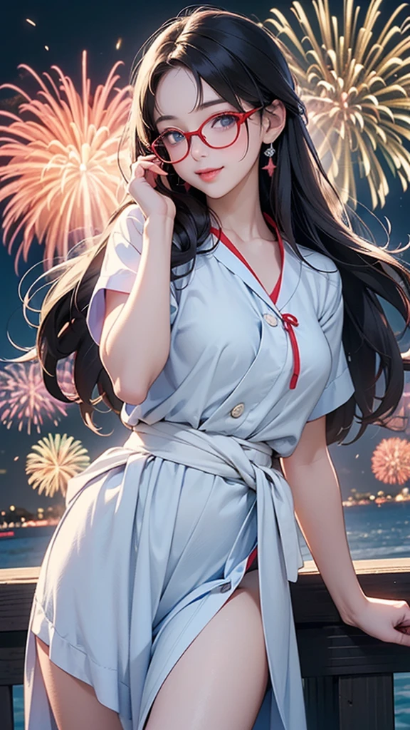 One Girl(High resolution, masterpiece, accurate, Anatomically correct), ((Landscape、Wearing glasses、A happy look、Slightly red cheeks))(((A pose with the waist bent forward:1.30、線香firework)))、(Hair the color of water, with ends that are fluffy、Light blue eyes、Straight hair)、((Summer yukata))((festival、firework))、Highest quality, Ultra high definition, High-resolution model