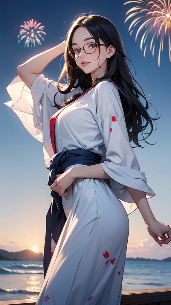 One Girl(High resolution, masterpiece, accurate, Anatomically correct), ((Landscape、Wearing glasses、A happy look、Slightly red cheeks))(((A pose with the waist bent forward:1.30、線香firework)))、(Hair the color of water, with ends that are fluffy、Light blue eyes、Straight hair)、((Summer yukata))((festival、firework))、Highest quality, Ultra high definition, High-resolution model