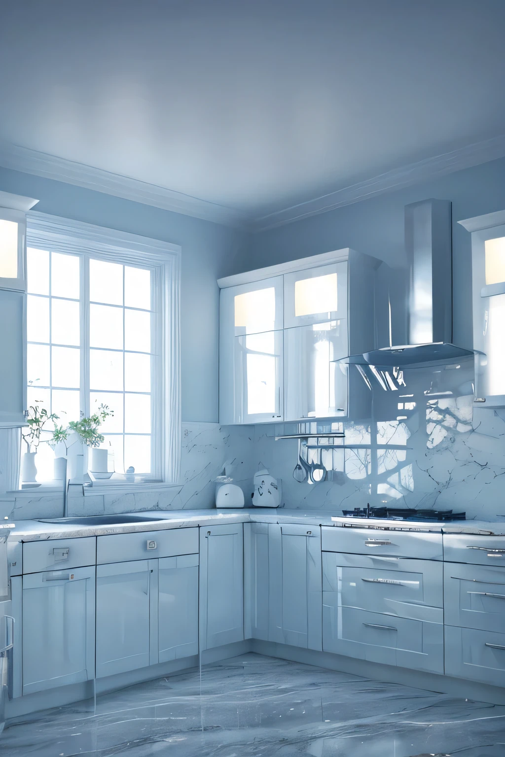 a white dreamy house, kitchen, retro, foggy, soft focus, year of 1995, cool lighting, muted pastel colors, glowing atmosphere, dramatic shadows, cinematic composition, dream-like quality, ethereal, romantic, soft focus photography, dark blue hour, midnight, windy, white marble