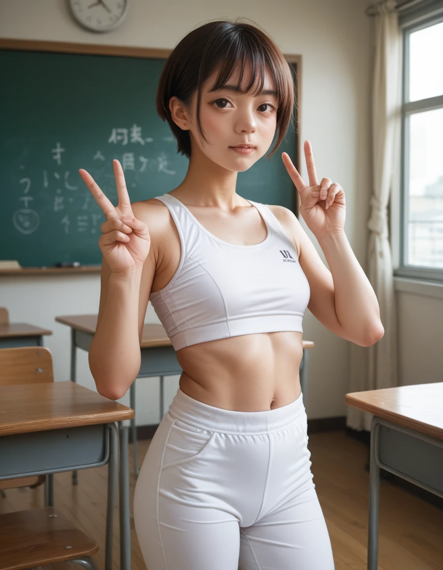 In the classroom、self-introduction、Japanese High School Girl、Small breasts、Brown short hair cheeky face、White sports bra and white pants、peace sign