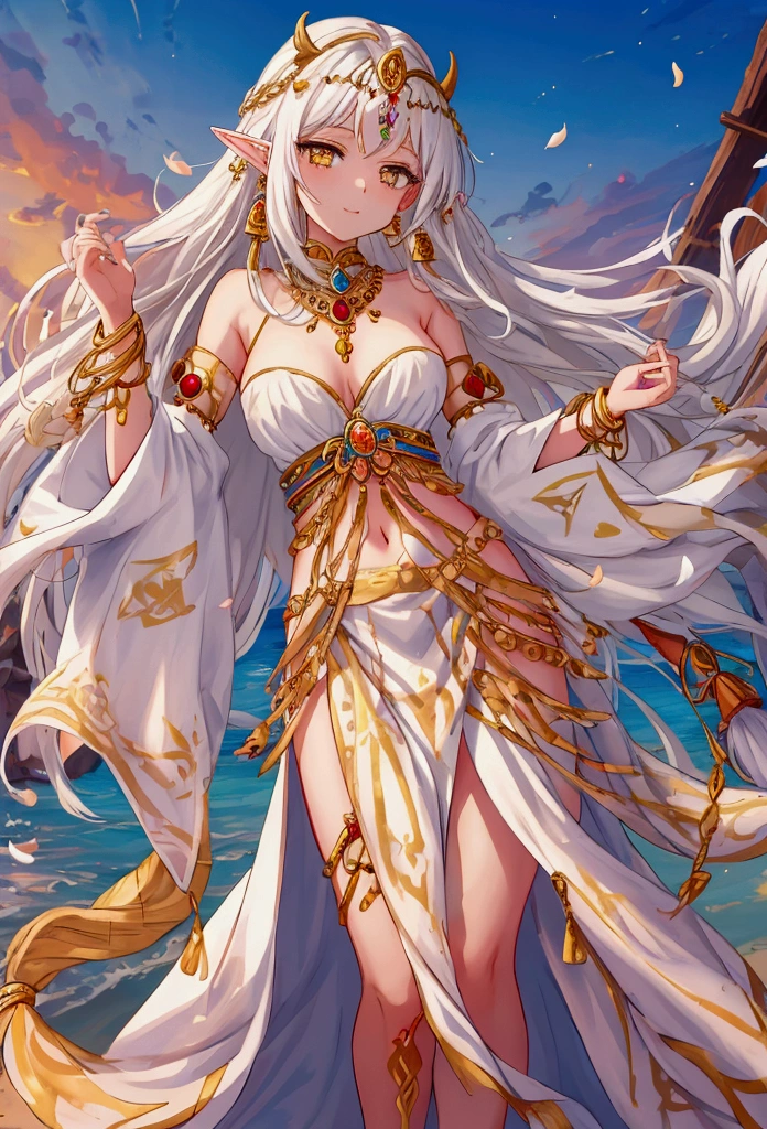 ((best quality))) (((HD))) (((8k))) (character) 20-year-old girl, elf, ((beautiful)) and ((happy)), ((Golden eyes)) light brown eye shadow ((white hair)) and ((long hair)), gold tribal marks on face, flowers in hair, ((gold earrings)) tip of ear pierced. ((White tribal attire))  gold bracelets,  gold anklets, she ((dances)) around a fire, ((dusk setting)) fluffy clouds, vibrant colorful sky, ((Tribal princess))  ((Enchanting)) ((mystical)) lures you in. Flower petals blow in wind 