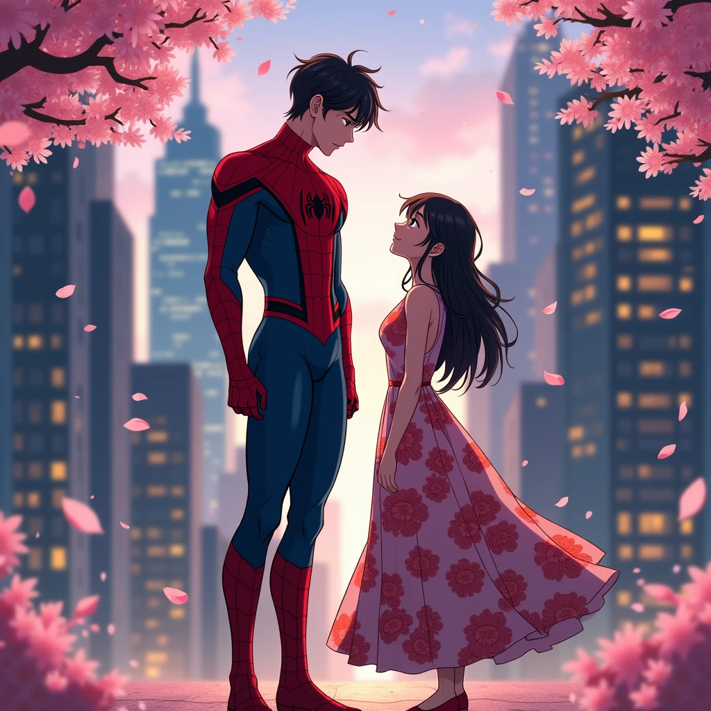anime art: marvel art style, a masculine 20-year-old male with a big bulge with dark fadeout hair and glasses, wearing spider superhero outfit , he's standing tall before a sad female lesbian couple wearing floral dress kneeling down. They're facing his bulge
