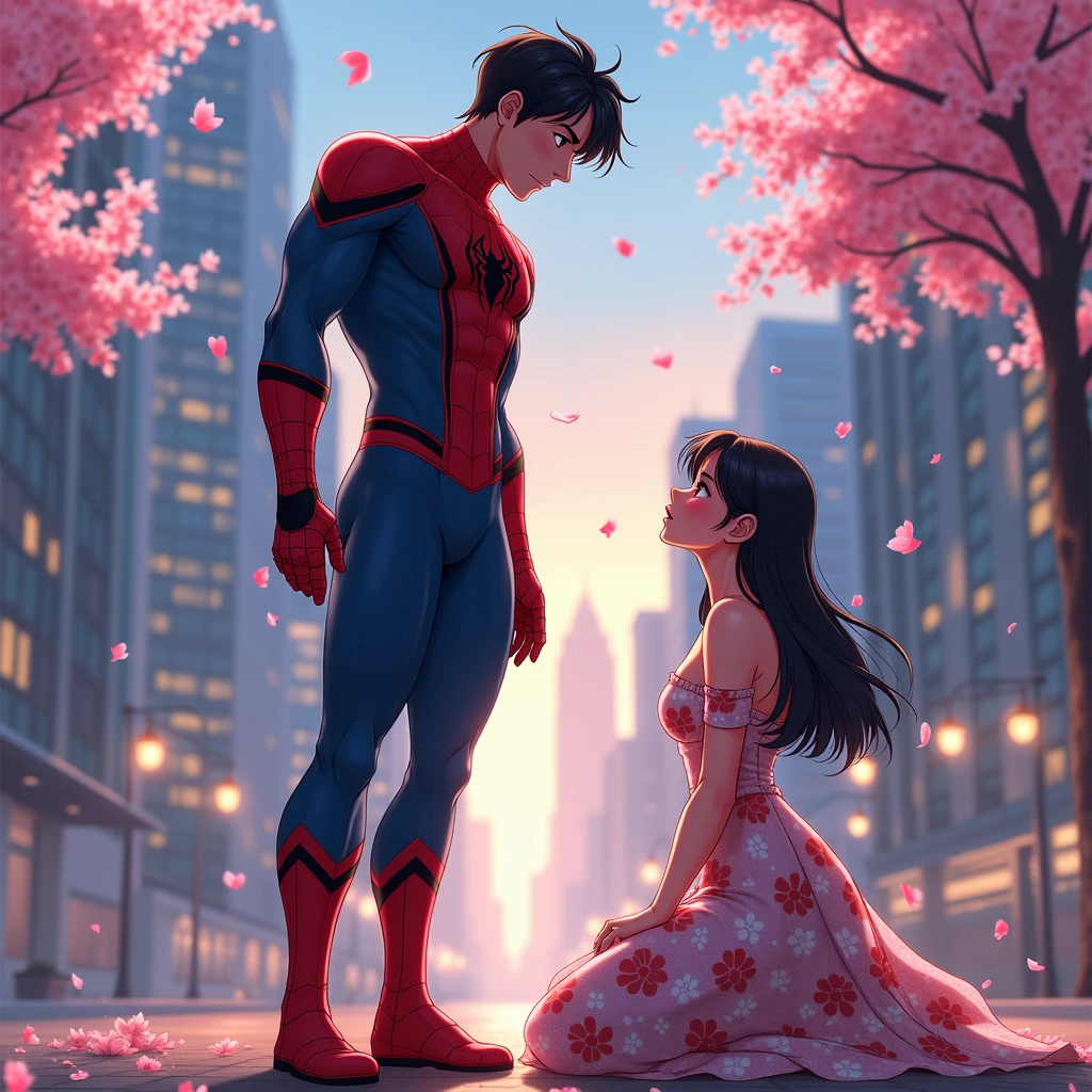 anime art: marvel art style, a masculine 20-year-old male with a big bulge with dark fadeout hair and glasses, wearing spider superhero outfit , he's standing tall before a sad female lesbian couple wearing floral dress kneeling down. They're facing his bulge