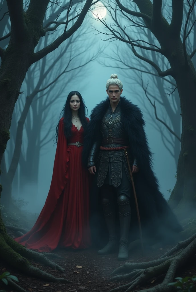 Make a character similar to Little Red Riding Hood, black hair, pale and blue eyes. She is with a handsome man, Cao Cao, tanned and platinum haired. Do it in Dark Fantasy style.