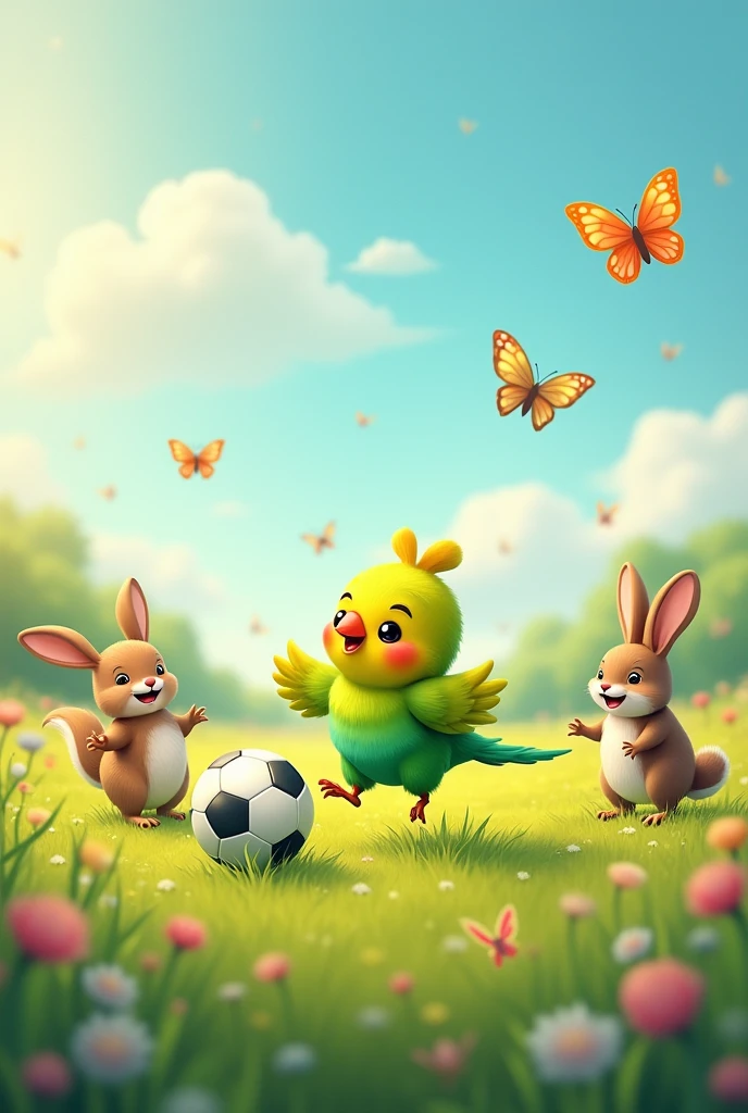A parakeet playing soccer on a field with many animals around 